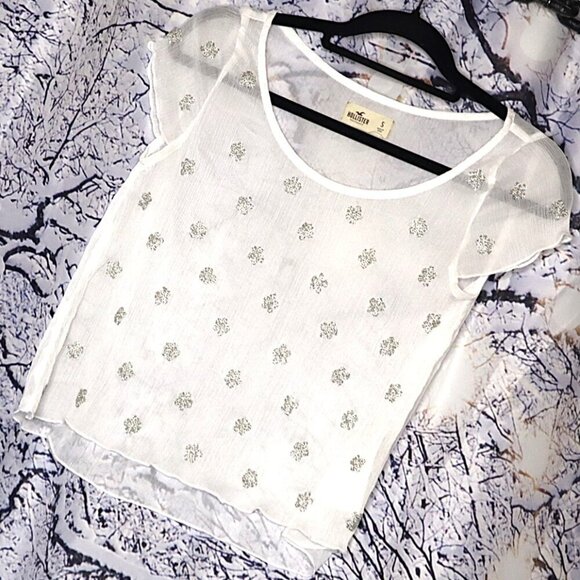SHEER WHITE TOP S Hollister Beaded Flowers Y2K Chiffon Lettuce Edge Spring Retro - Picture 1 of 6